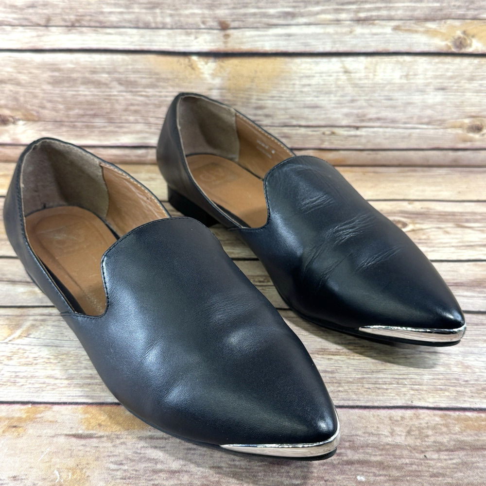 DV Dolce Vita Womens Black Devon Pointed Toe Leather & Silver Cap Toe Flats 8